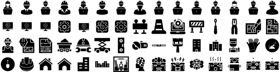 Set Of Construction Icons Isolated Silhouette Solid Icon With Industry, Business, Worker, Project, Building, Engineer, Construction Infographic Simple Vector Illustration Logo