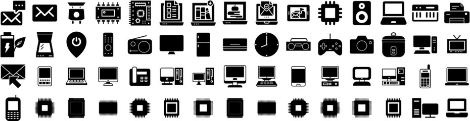 Set Of Electronic Icons Isolated Silhouette Solid Icon With Equipment, Computer, Technology, Electronic, Appliance, Digital, Device Infographic Simple Vector Illustration Logo