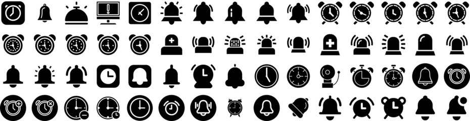 Set Of Alarm Icons Isolated Silhouette Solid Icon With Symbol, Alert, Alarm, Bell, Isolated, Object, Reminder Infographic Simple Vector Illustration Logo
