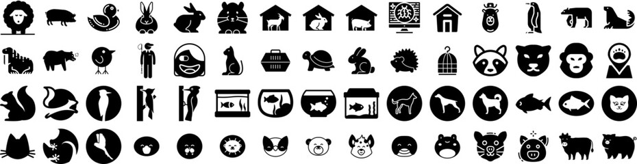 Set Of Animal Icons Isolated Silhouette Solid Icon With Set, Illustration, Wildlife, Character, Cartoon, Animal, Cute Infographic Simple Vector Illustration Logo