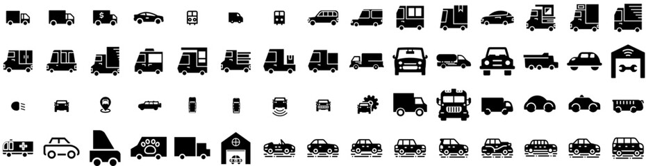 Set Of Vehicle Icons Isolated Silhouette Solid Icon With Vehicle, Transport, Battery, Auto, Technology, Car, Power Infographic Simple Vector Illustration Logo