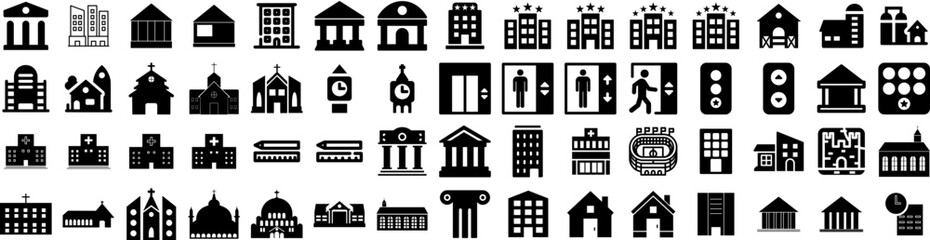 Set Of Building Icons Isolated Silhouette Solid Icon With Building, Construction, Business, Architecture, Urban, Office, City Infographic Simple Vector Illustration Logo