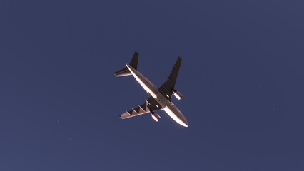 A white plane in flight on a blue sky background, bottom view.