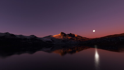 Mountain lake and Snow covered rocks with reflection at sunrise. Beautiful landscape moon night sky, snowy mountains, hills, over the lake at twilight.