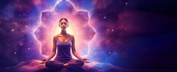 Woman in yoga pose with heart chakra opening, space and cosmos joining to meditation. Spirituality. Generative AI. - obrazy, fototapety, plakaty