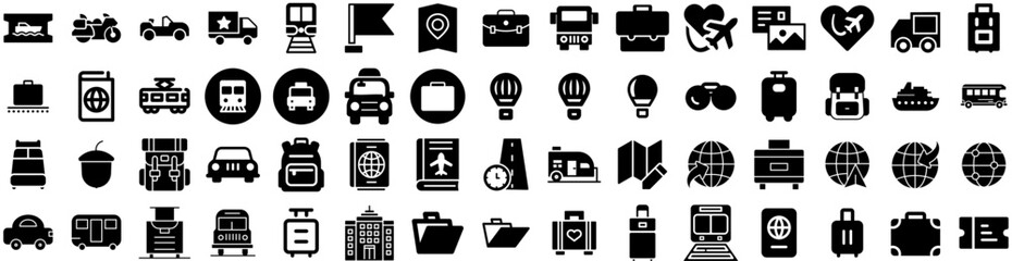 Set Of Travel Icons Isolated Silhouette Solid Icon With Trip, Tourism, Travel, Vacation, Airplane, Holiday, Journey Infographic Simple Vector Illustration Logo
