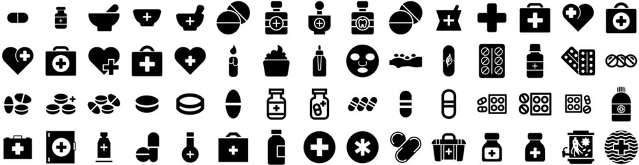 Set Of Medicine Icons Isolated Silhouette Solid Icon With Prescription, Medicine, Pharmacy, Drug, Medical, Treatment, Health Infographic Simple Vector Illustration Logo