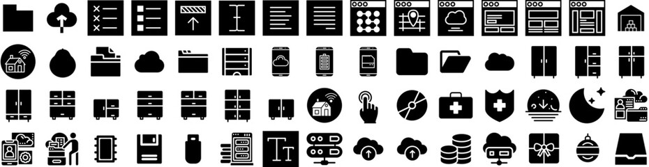 Set Of Storage Icons Isolated Silhouette Solid Icon With System, Industrial, Unit, Business, Container, Storage, Technology Infographic Simple Vector Illustration Logo