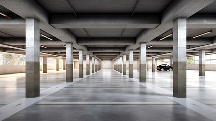 Empty shopping mall underground parking lot or garage interior with concrete stripe painted columns  created by generative AI