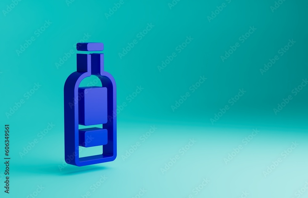 Poster blue glass bottle of vodka icon isolated on blue background. minimalism concept. 3d render illustrat