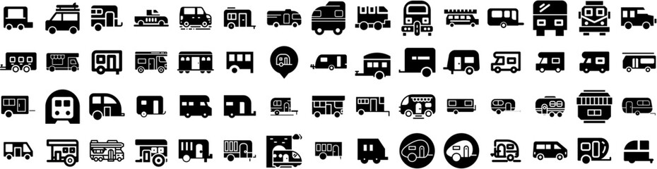 Fototapeta na wymiar Set Of Caravan Icons Isolated Silhouette Solid Icon With Caravan, Camper, Recreational, Family, Trip, Travel, Vacation Infographic Simple Vector Illustration Logo