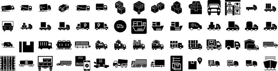 Set Of Cargo Icons Isolated Silhouette Solid Icon With Cargo, Industrial, Delivery, Business, Transportation, Shipping, Freight Infographic Simple Vector Illustration Logo
