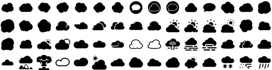 Fototapeta na wymiar Set Of Cloudy Icons Isolated Silhouette Solid Icon With Sky, Nature, Weather, Cloudy, Blue, Background, Cloud Infographic Simple Vector Illustration Logo