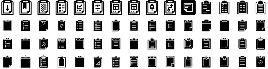 Set Of Clipboard Icons Isolated Silhouette Solid Icon With Office, Paper, Clipboard, Board, Document, Checklist, Note Infographic Simple Vector Illustration Logo