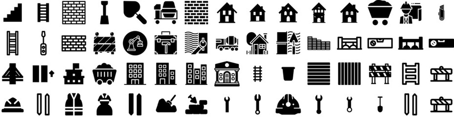 Set Of Construction Icons Isolated Silhouette Solid Icon With Building, Construction, Industry, Business, Project, Engineer, Worker Infographic Simple Vector Illustration Logo