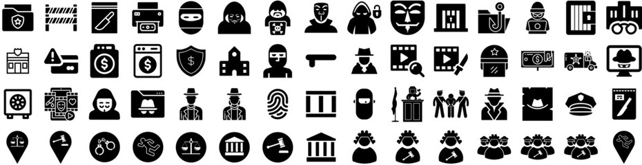 Set Of Crime Icons Isolated Silhouette Solid Icon With Crime, Security, Detective, Evidence, Police, Investigation, Criminal Infographic Simple Vector Illustration Logo - obrazy, fototapety, plakaty