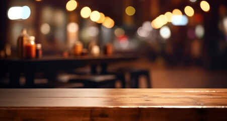 Fototapeta na wymiar Wooden top table with defocused light background