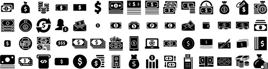 Set Of Dollars Icons Isolated Silhouette Solid Icon With Currency, Business, Money, Banking, Bank, Finance, Dollar Infographic Simple Vector Illustration Logo