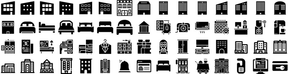 Set Of Hotel Icons Isolated Silhouette Solid Icon With Room, Woman, Service, Bed, Hotel, Vacation, Travel Infographic Simple Vector Illustration Logo