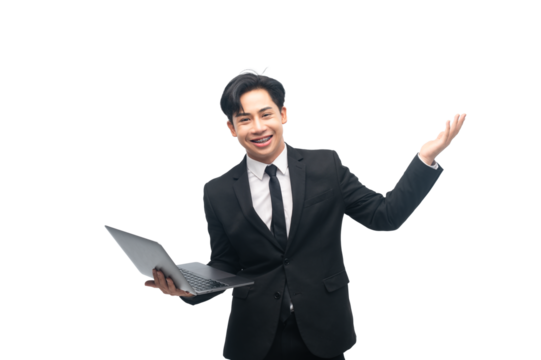 Portrait of a young business asian man using his on laptop computer while standing isolated over white background