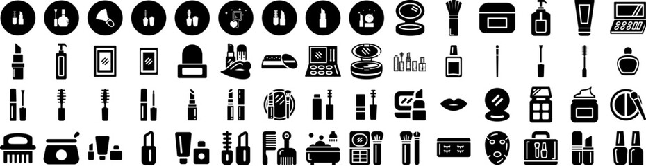 Set Of Makeup Icons Isolated Silhouette Solid Icon With Beauty, Face, Brush, Female, Makeup, Cosmetic, Fashion Infographic Simple Vector Illustration Logo