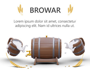 Advertising banner of brewery on white background. Bright 3D elements with shadows. Bulky barrel, mugs with foamy beer, ears of barley. Template with editable text