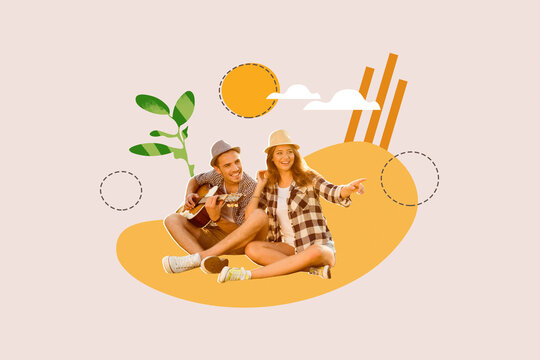 Collage picture rest time couple friends wear sun hat finger pointing look empty space desert play guitar isolated over sunset background