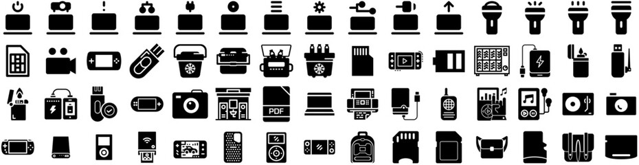 Set Of Portable Icons Isolated Silhouette Solid Icon With Background, Portable, Mobile, Technology, Electricity, Electric, Modern Infographic Simple Vector Illustration Logo