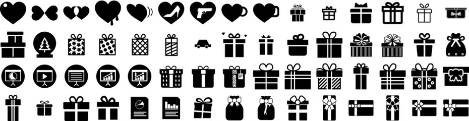 Set Of Present Icons Isolated Silhouette Solid Icon With Surprise, Holiday, Present, Gift, Ribbon, Package, Box Infographic Simple Vector Illustration Logo