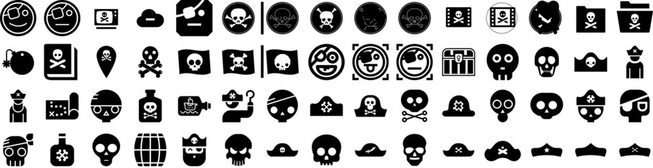 Set Of Pirate Icons Isolated Silhouette Solid Icon With Pirate, Adventure, Sea, Vector, Ship, Illustration, Flag Infographic Simple Vector Illustration Logo