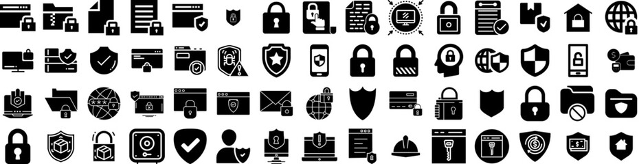 Set Of Protected Icons Isolated Silhouette Solid Icon With Protect, Technology, Shield, Protection, Concept, Secure, Safety Infographic Simple Vector Illustration Logo