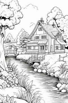 Rustic house vector coloring book black and white for kids and adults isolated line art on white background.