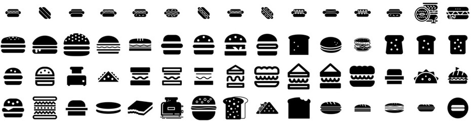 Set Of Sandwich Icons Isolated Silhouette Solid Icon With Meal, Lunch, Cheese, Sandwich, Lettuce, Bread, Food Infographic Simple Vector Illustration Logo