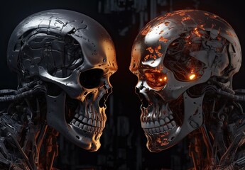 Two skulls terminator look at each other black background. Generative Ai.