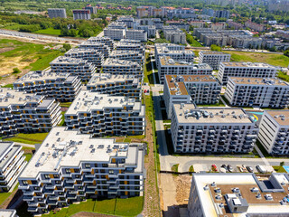 Aerial view landscape. A drone view of a modern housing development, apartment blocks. Apartments and houses.