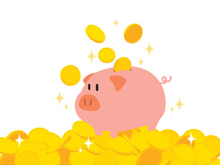 山積みのコインとブタの貯金箱