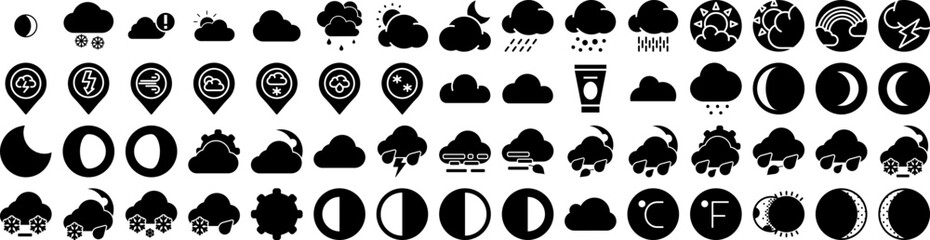 Set Of Weather Icons Isolated Silhouette Solid Icon With Weather, Sky, Set, Sun, Forecast, Rain, Cloud Infographic Simple Vector Illustration Logo