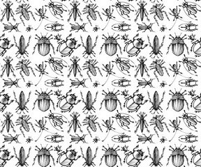 Tileable pattern of hand drawn fantasy bugs/beetles