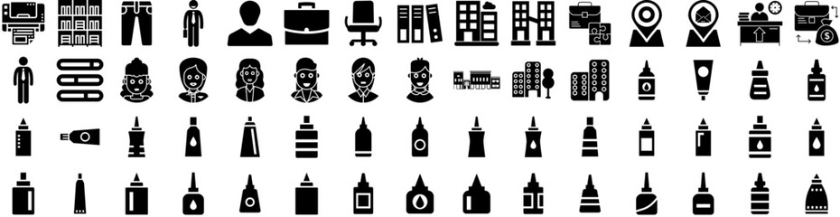 Set Of Office Icons Isolated Silhouette Solid Icon With Desk, Business, Office, Modern, Computer, Work, Table Infographic Simple Vector Illustration Logo
