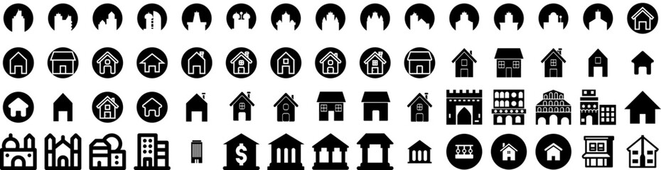 Set Of Building Icons Isolated Silhouette Solid Icon With Construction, City, Business, Office, Architecture, Building, Urban Infographic Simple Vector Illustration Logo