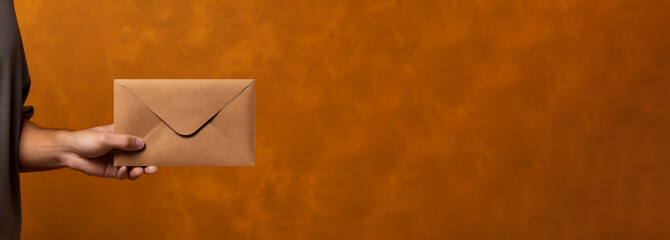 Human hand holding blank brown envelope, mail and delivery concept, banner with copy space. Generative AI