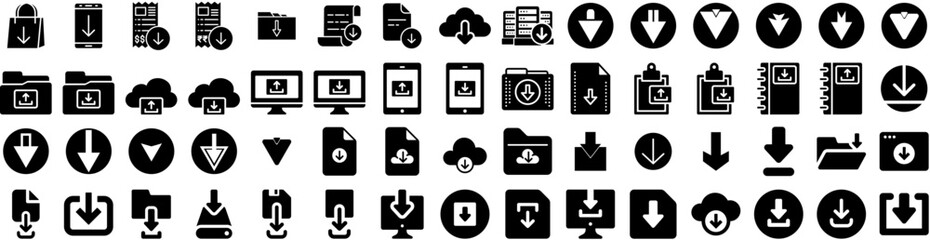 Set Of Download Icons Isolated Silhouette Solid Icon With Web, Button, Vector, Icon, Download, App, File Infographic Simple Vector Illustration Logo