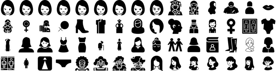 Set Of Woman Icons Isolated Silhouette Solid Icon With Girl, Woman, Beautiful, Young, Happy, Female, Background Infographic Simple Vector Illustration Logo