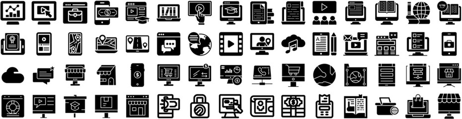 Set Of Online Icons Isolated Silhouette Solid Icon With Internet, Technology, Business, Online, Concept, Digital, Store Infographic Simple Vector Illustration Logo