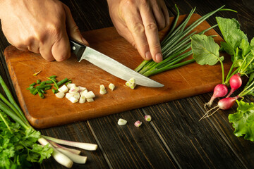 The hands of a cook with a knife cut onions on a cutting board for cooking vegetarian food. Peasant...