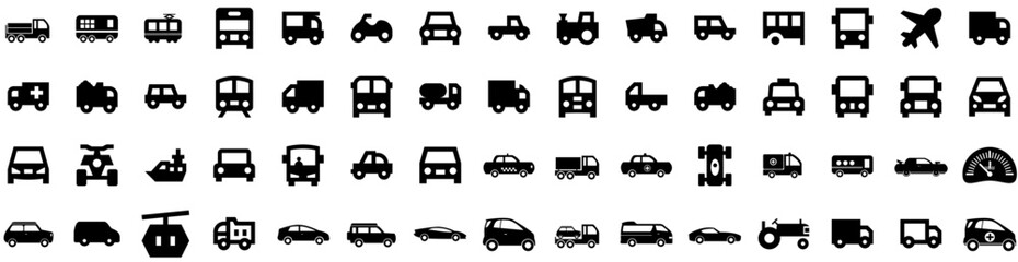 Set Of Vehicle Icons Isolated Silhouette Solid Icon With Battery, Car, Transport, Power, Vehicle, Technology, Auto Infographic Simple Vector Illustration Logo