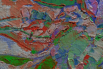 Abstract background closeup of a painting with brushstrokes. Rough art paint smear. Large multicolor spots of brush strokes and palette knife on the canvas