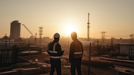Fototapeta premium Silhouette of Engineer and worker checking project at building site background, construction site at sunset in evening time. Generative Ai.