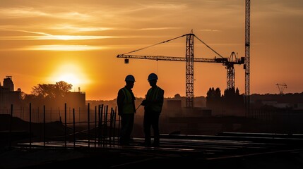 Fototapeta na wymiar Silhouette of Engineer and worker checking project at building site background, construction site at sunset in evening time. Generative Ai.