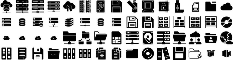 Set Of Storage Icons Isolated Silhouette Solid Icon With Technology, Unit, Business, Industrial, System, Container, Storage Infographic Simple Vector Illustration Logo